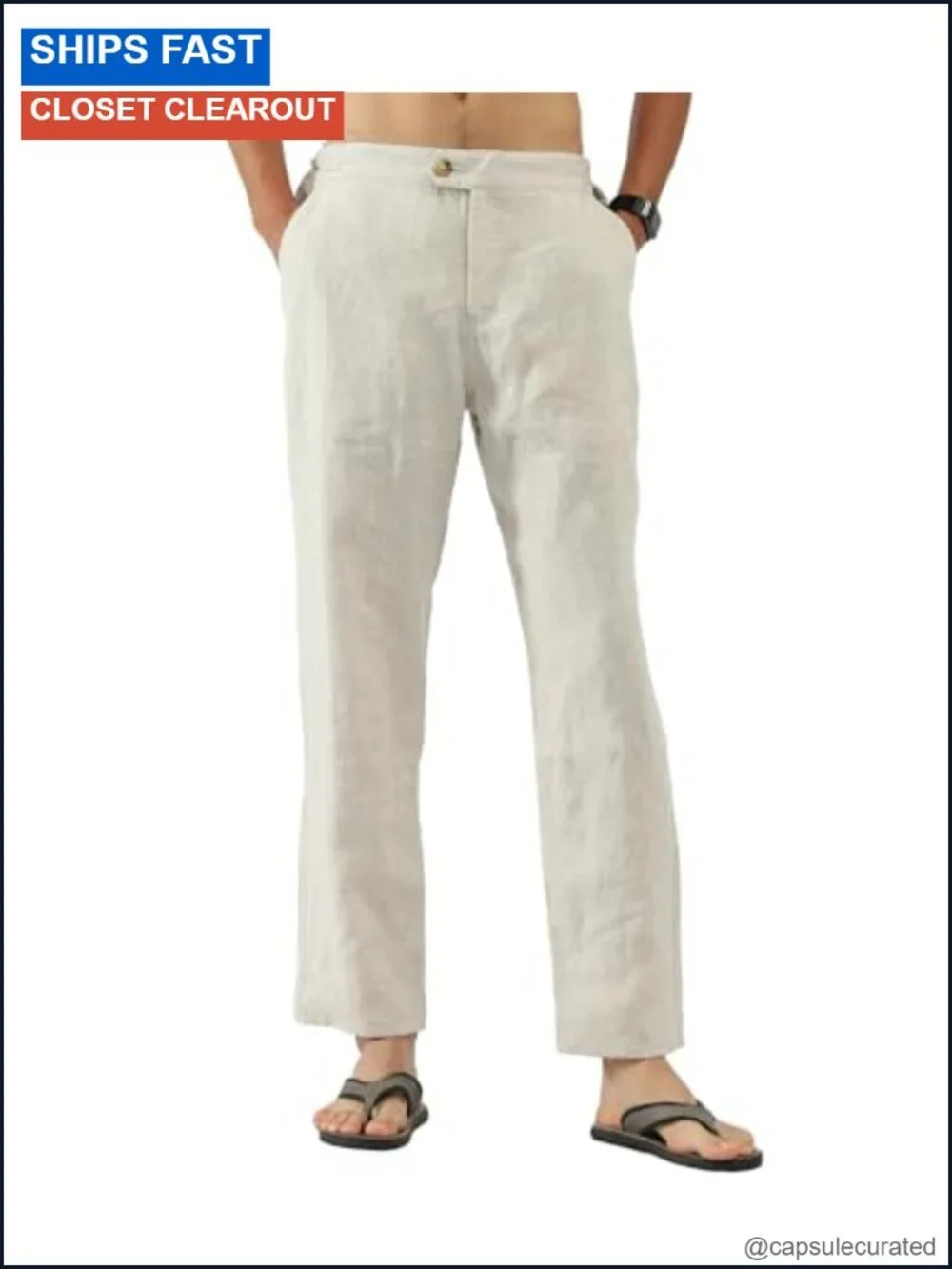 Men's 100% Linen Casual Tapered Pants Side Tab Adjustable